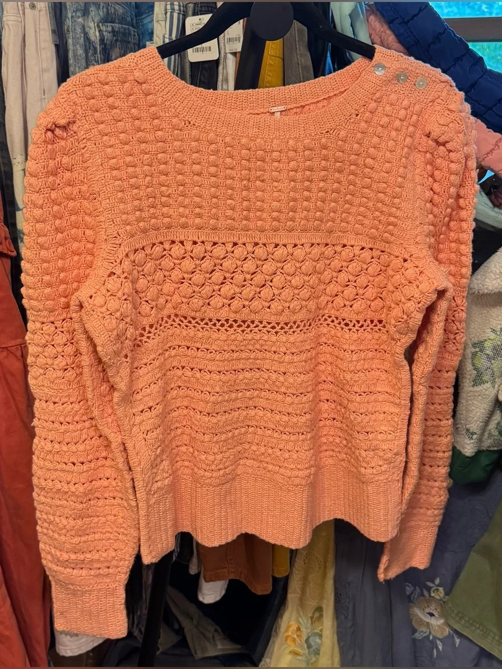 NWT Free People Penny Crochet Cotton Pullover - paradise peach - large